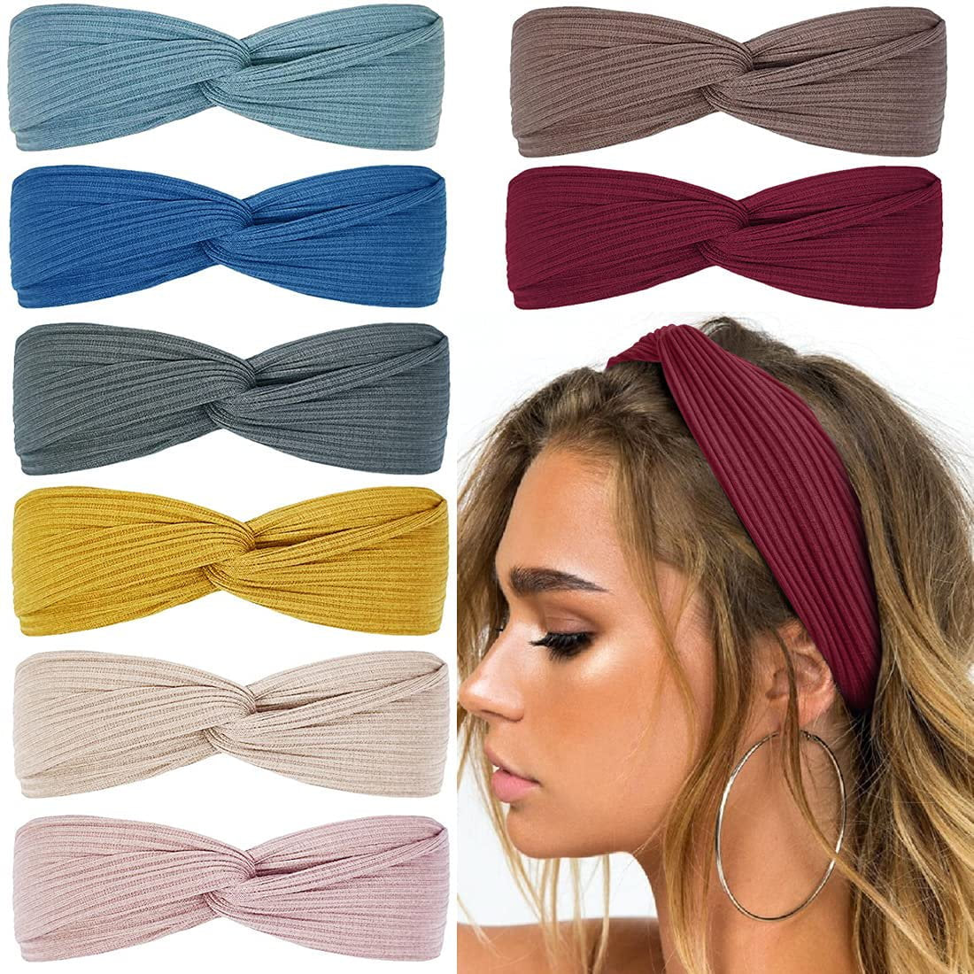 Headbands for Women Twist Knotted Boho Turban Yoga Solid Color, 8Pcs