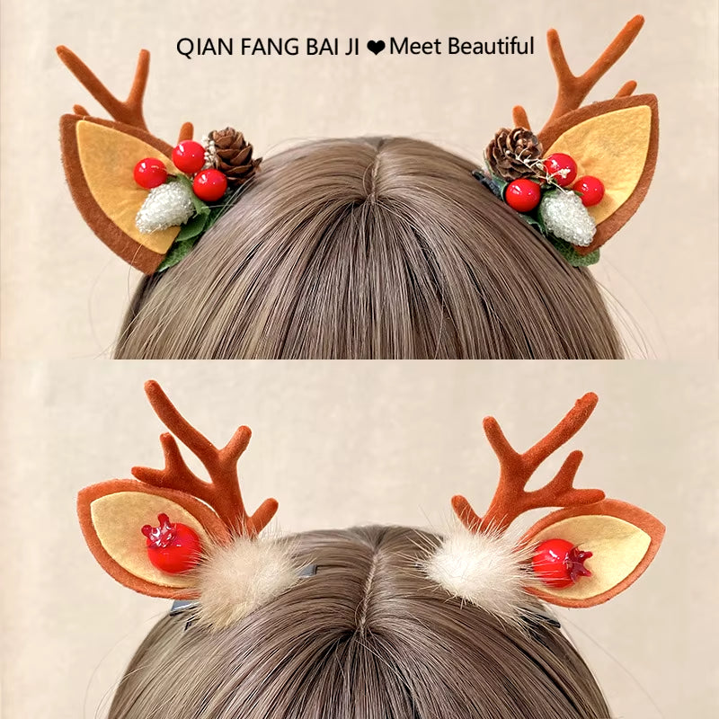 2Pcs Pack Cute Reindeer Ears Hair Clip Classic Christmas Festive Women Kids Barrettes Party Cosplay Hair Accessories for Girls