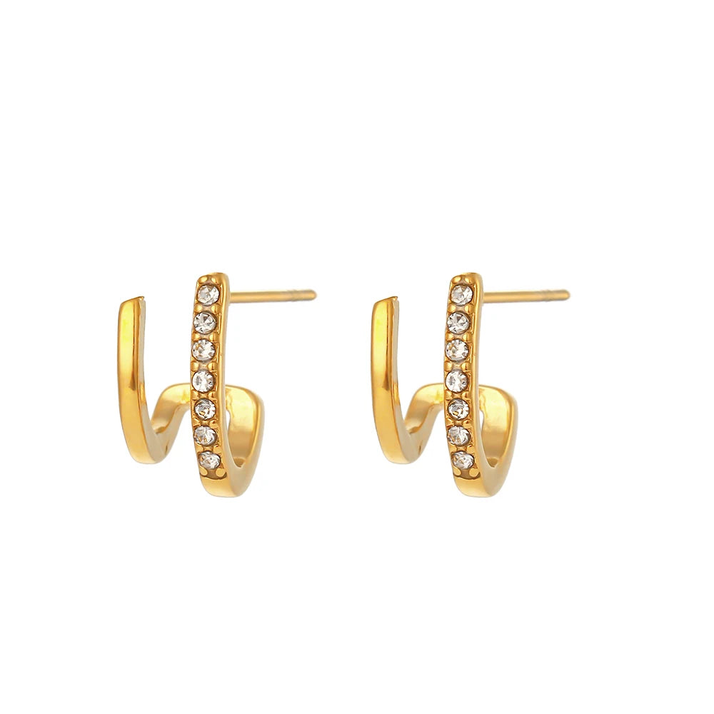 New Crystal Paved Double Layer Hollow Huggie Earrings for Ladies Small Gold Plated Stainless Steel Stud Earrings